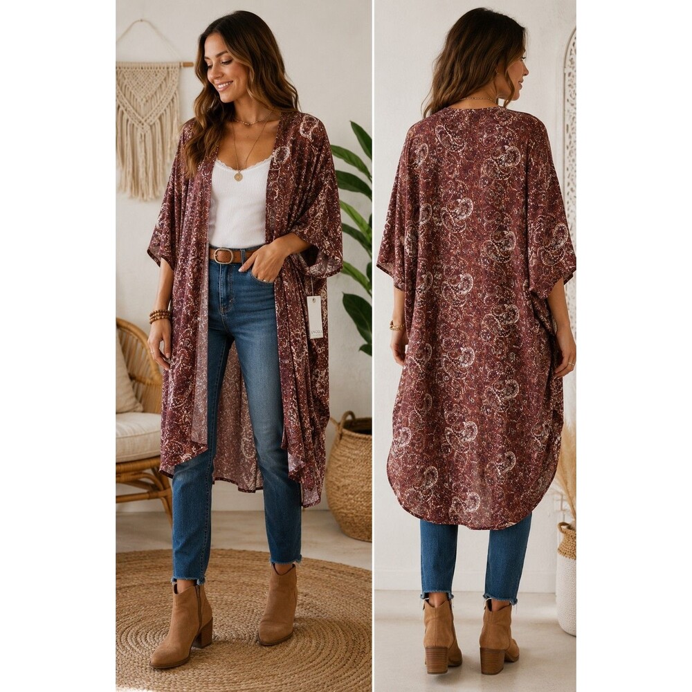 Angels Forever Young NWT Paisley Kimono Cardigan Boho Duster Open Front Size S